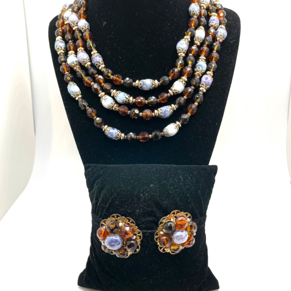 Vintage Unsigned 4 Strand Acrylic Stone Necklace Clip Earrings Set